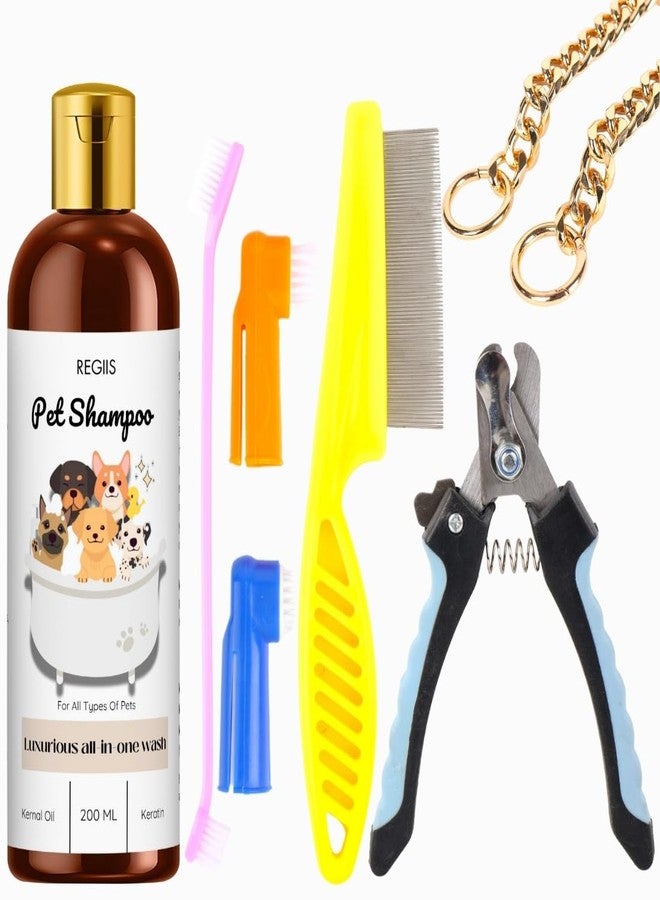 REGIIS Pet Grooming Kit with Shampoo, 200ML Dog Wash, Nail Clipper, Combs, Brushes, Chain Leash, Complete Care Set for All Types of Pets(5 Pack) - Image 1